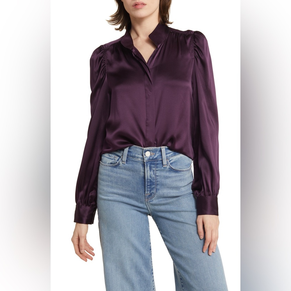 NWT $398 Frame Women's Gillian Silk Puff-Sleeve Blouse - Plum